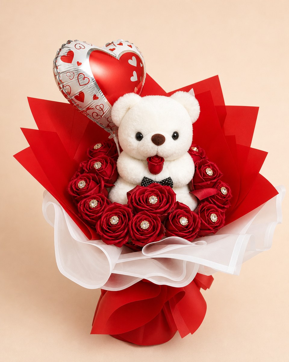 Red Eternal Rose Bear Bouquet