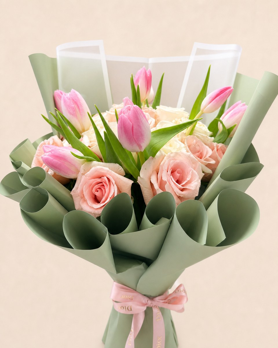 White Pink Rose and Tulip Bouquet