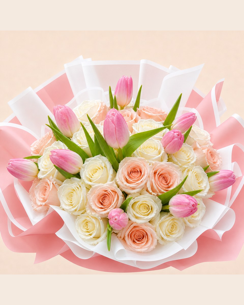 White Rose and Pink Tulip Bouquet