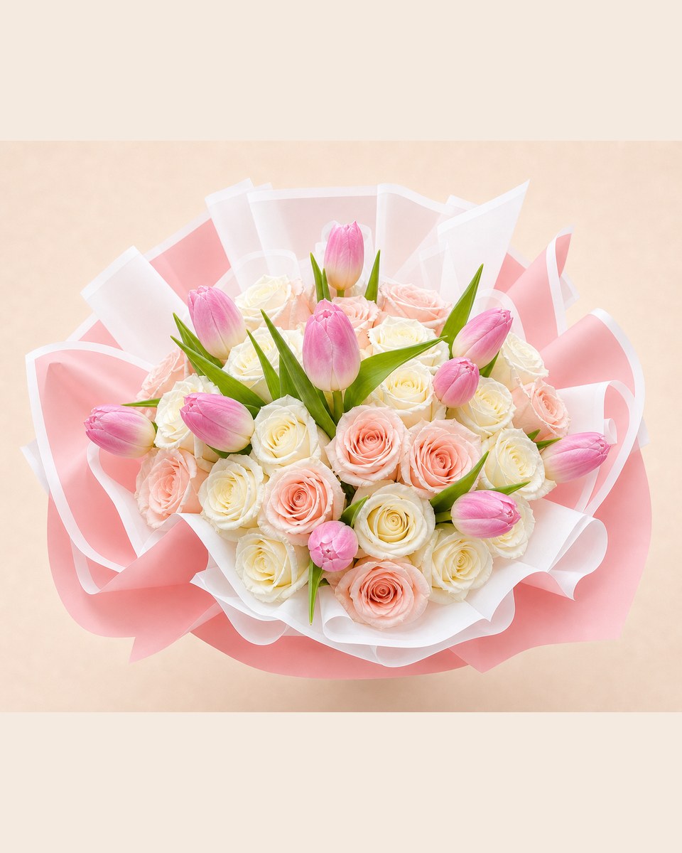 White Rose and Twelve Tulip Bouquet