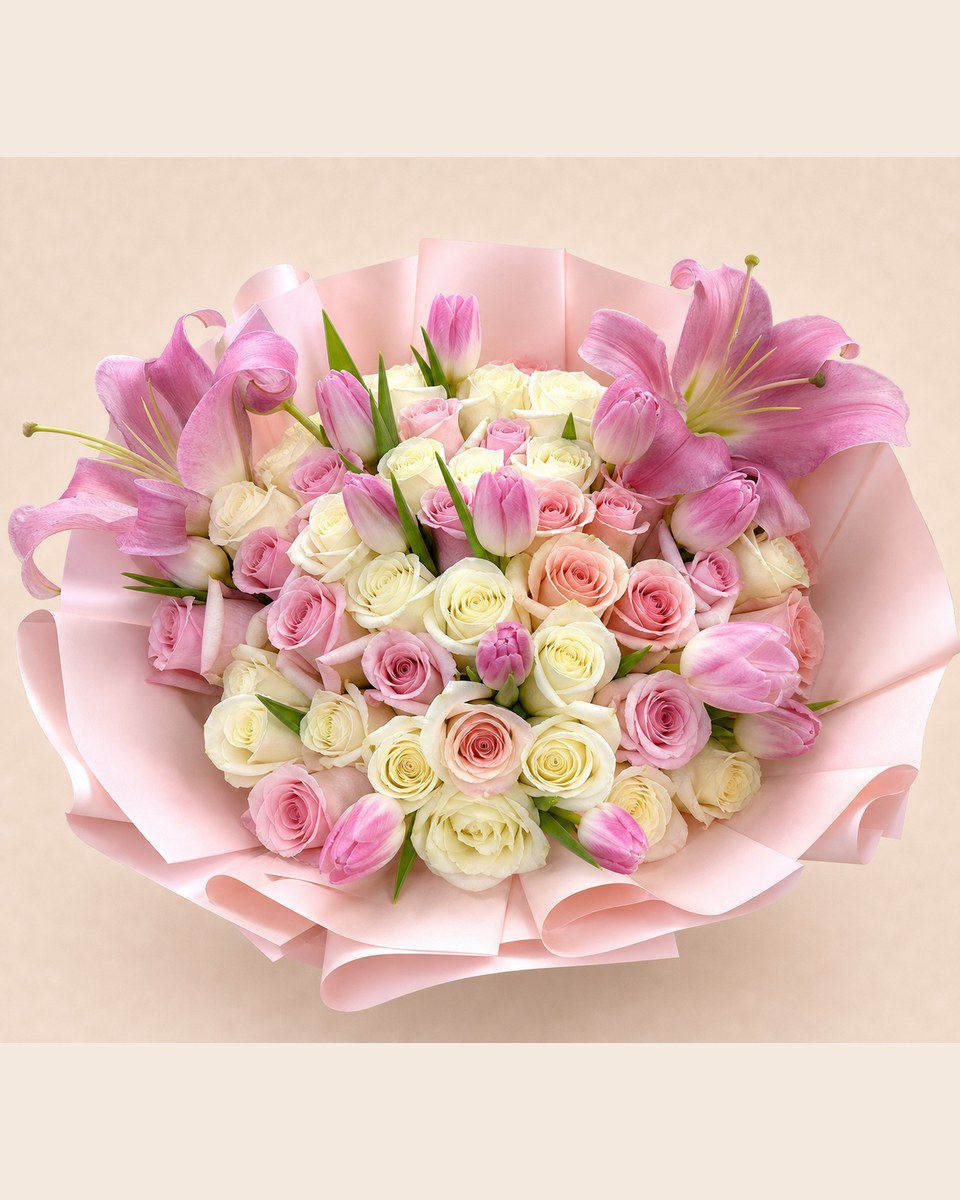 White Rose Tulip and Lily Bouquet