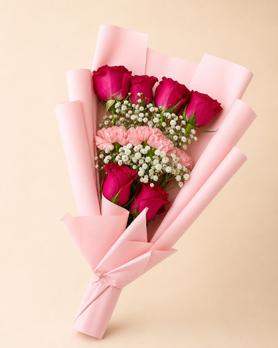 Pink Fuchsia Rose and Carnation Flat Bouquet