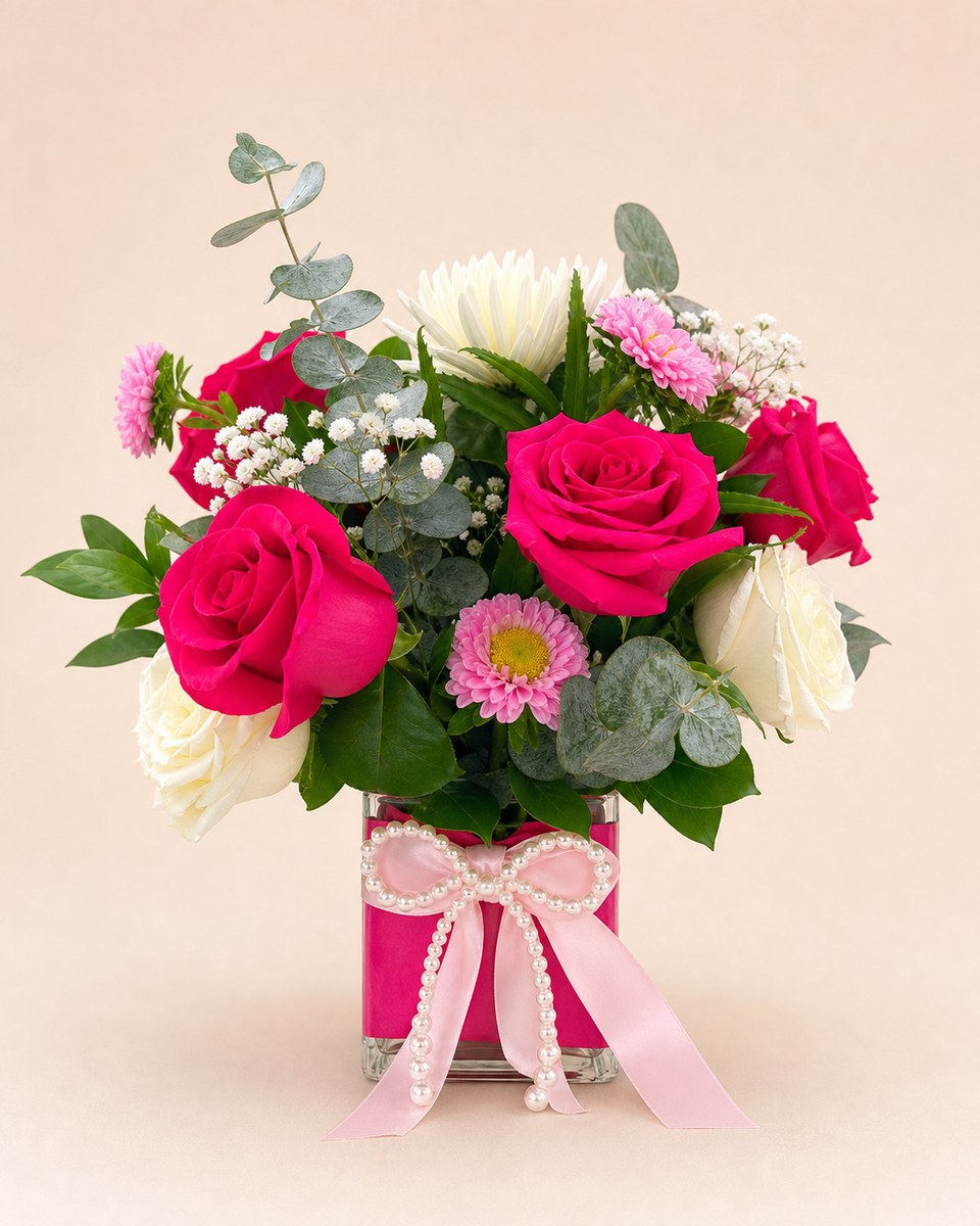 Pink Fuchsia and Eskimo Rose Glass Vase