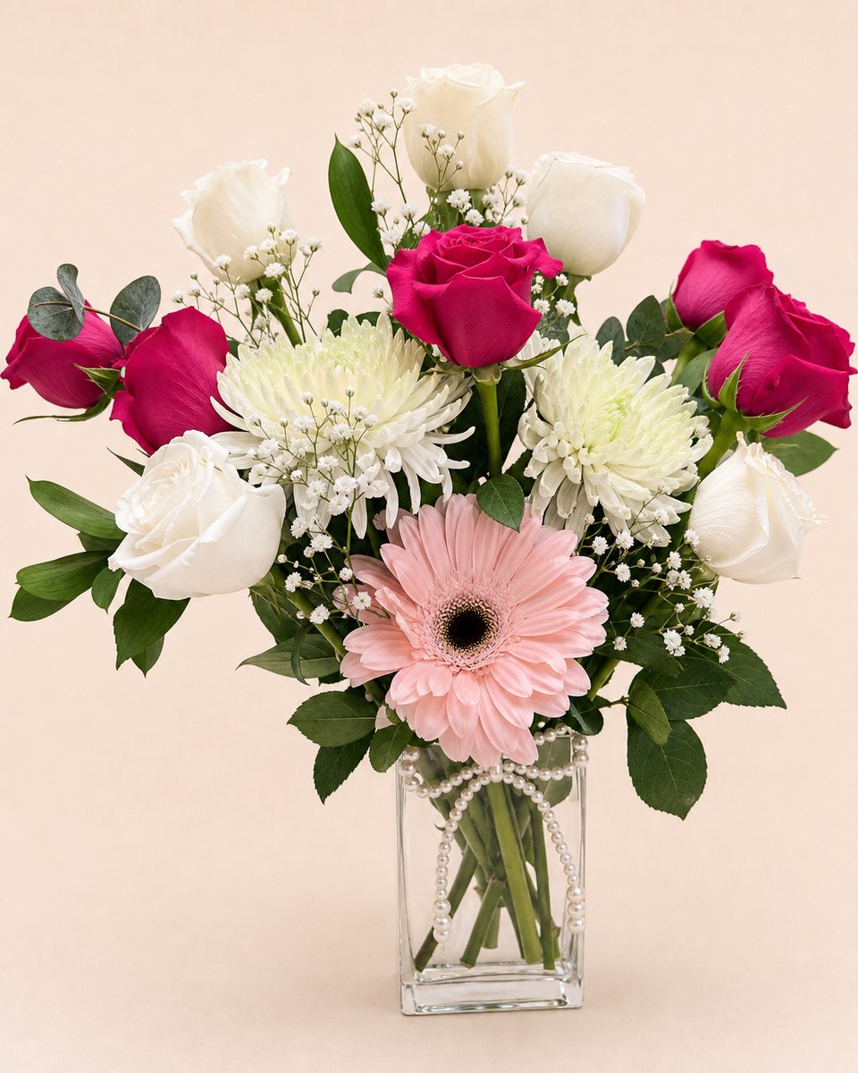 Pink Fuchsia and White Rose Glass Vase