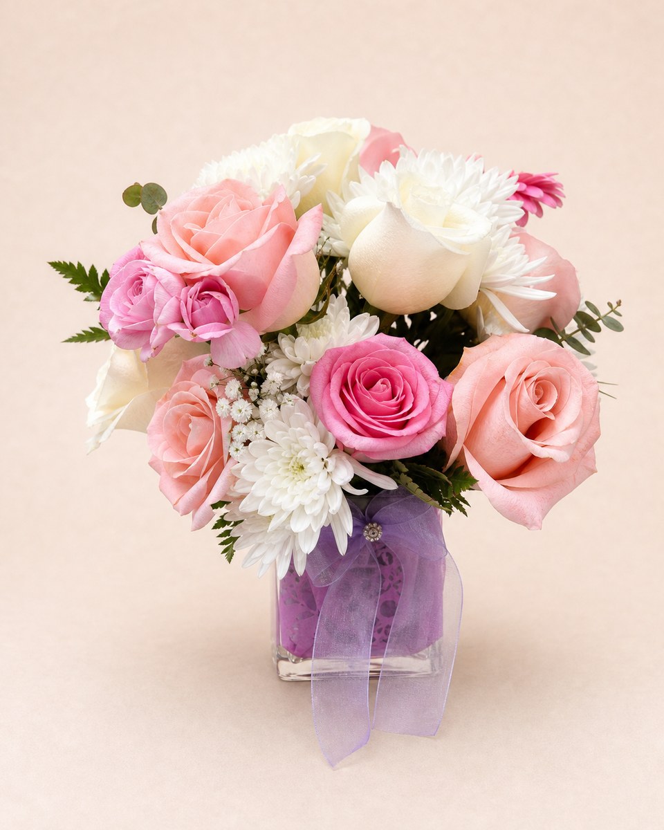 Pink Shades Rose Glass Vase Arrangement