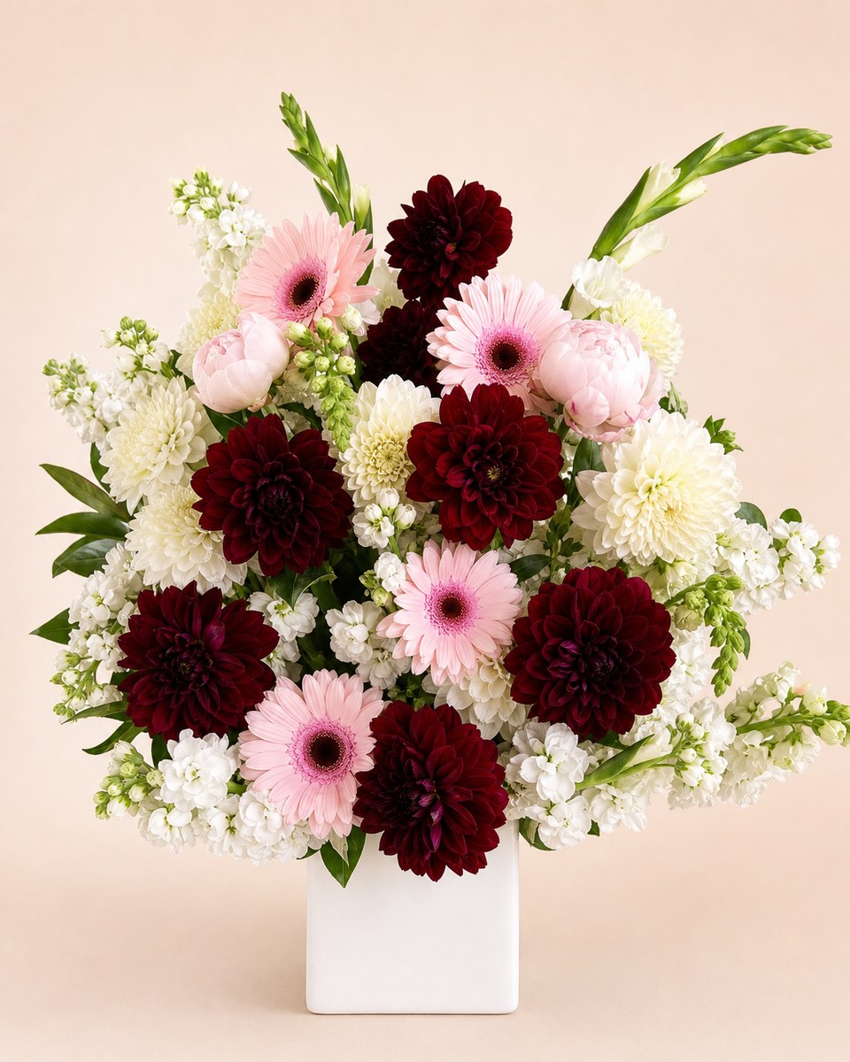 Burgundy Dahlia and Peony Glass Vase