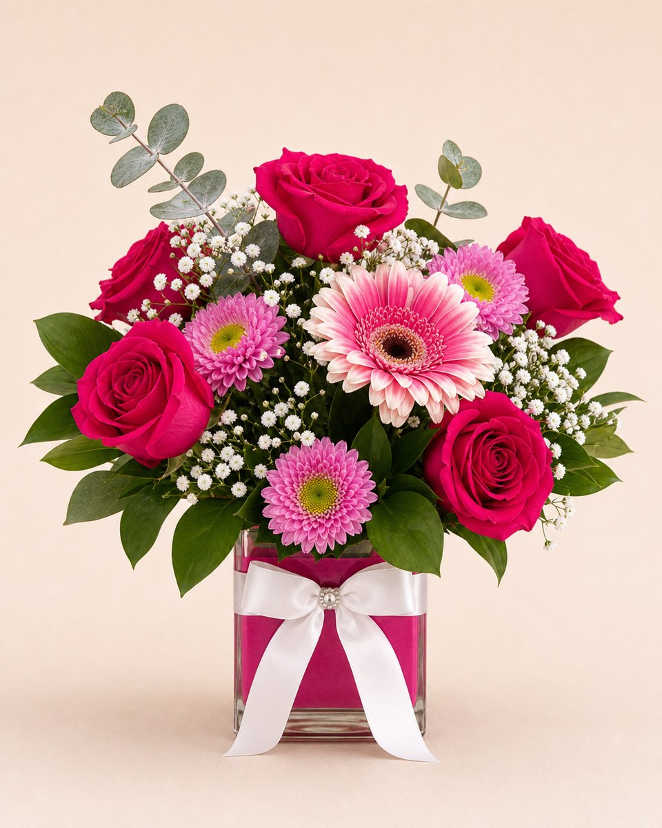 Pink Fuchsia Daisy Glass Vase